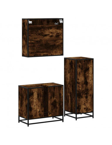 Set Mobili da Bagno 3 pz Rovere Fumo in Legno Multistrato