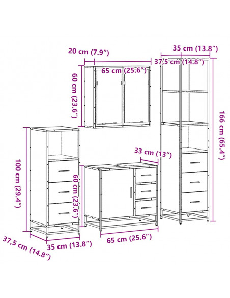 Set Mobili da Bagno 4 pz Rovere Fumo in Legno Multistrato