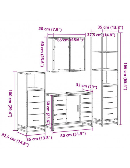 Set Mobili da Bagno 4 pz Rovere Fumo in Legno Multistrato