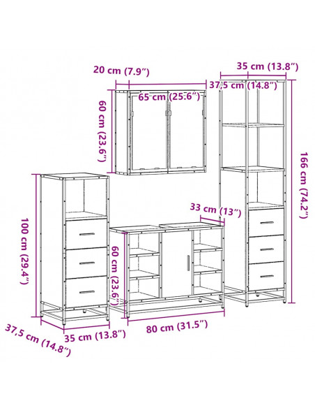 Set Mobili da Bagno 4 pz Rovere Fumo in Legno Multistrato