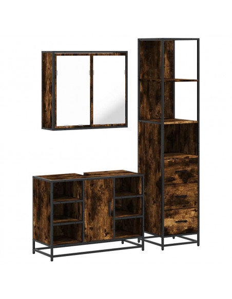 Set Mobili da Bagno 3 pz Rovere Fumo in Legno Multistrato