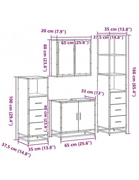 Set Mobili da Bagno 4 pz Rovere Fumo in Legno Multistrato