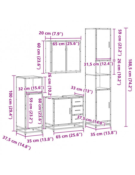 Set Mobili da Bagno 4 pz Rovere Fumo in Legno Multistrato