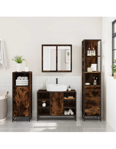 Set Mobili da Bagno 3 pz Rovere Fumo in Legno Multistrato