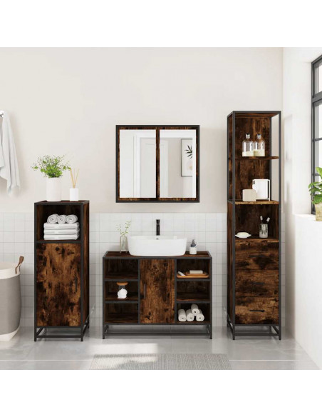 Set Mobili da Bagno 3 pz Rovere Fumo in Legno Multistrato