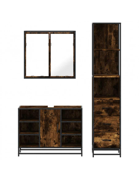 Set Mobili da Bagno 3 pz Rovere Fumo in Legno Multistrato