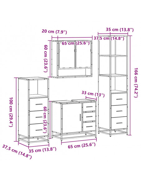 Set Mobili da Bagno 4 pz Rovere Marrone in Legno Multistrato