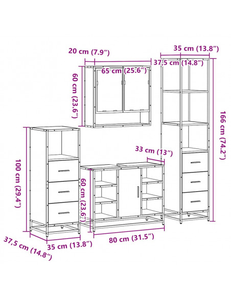 Set Mobili da Bagno 4 pz Rovere Marrone in Legno Multistrato