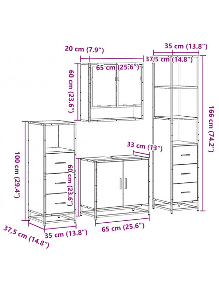 Set Mobili da Bagno 4 pz Rovere Marrone in Legno Multistrato