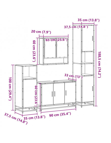 Set Mobili da Bagno 4 pz Rovere Sonoma in Legno Multistrato