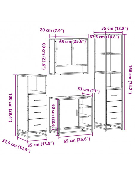 Set Mobili da Bagno 4 pz Rovere Sonoma in Legno Multistrato