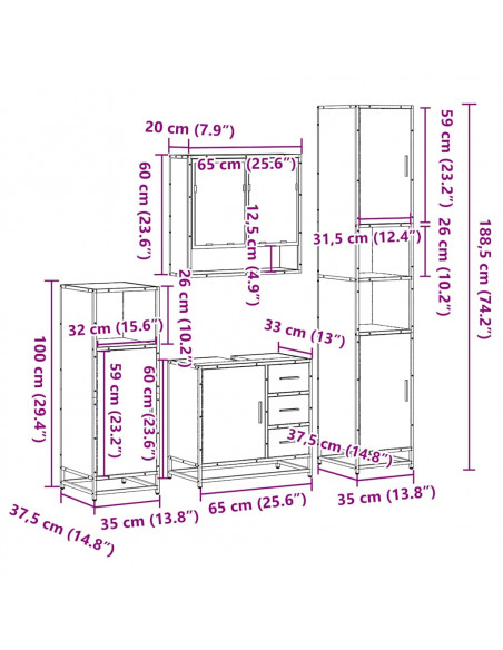 Set Mobili da Bagno 4 pz Rovere Sonoma in Legno Multistrato