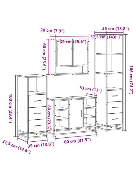 Set Mobili da Bagno 4 pz Rovere Sonoma in Legno Multistrato