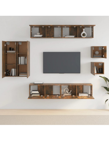 Set Mobili Porta TV 8 pz Rovere Fumo in Legno Multistrato