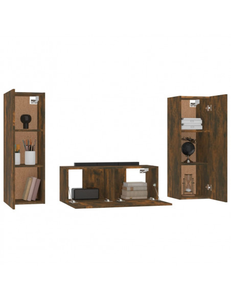 Set Mobili Porta TV 3 pz Rovere Fumo in Legno Multistrato