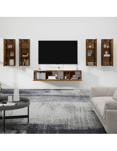 Set di Mobili Porta TV 6 pz Rovere Fumo in Legno Multistrato