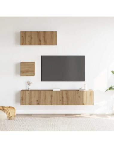 Set Mobile TV 4 pz Montato a Parete Rovere in Legno Multistrato