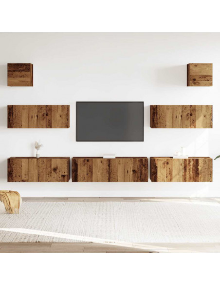 Set Mobile TV 7 pz Montato a Parete Legno Antico in Truciolato