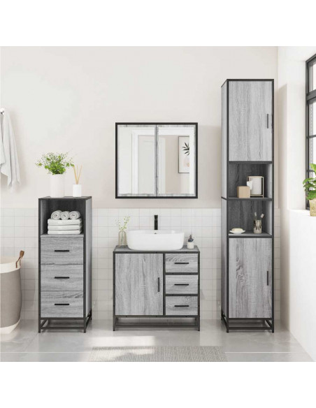 Set Mobili da Bagno 3 pz Grigio Sonoma in Legno Multistrato