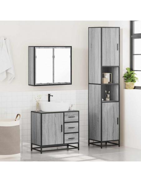 Set Mobili da Bagno 3 pz Grigio Sonoma in Legno Multistrato