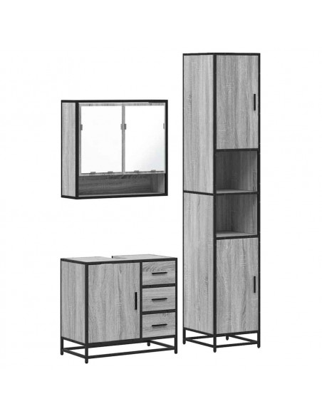Set Mobili da Bagno 3 pz Grigio Sonoma in Legno Multistrato
