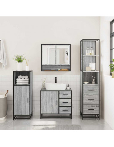 Set Mobili da Bagno 3 pz Grigio Sonoma in Legno Multistrato