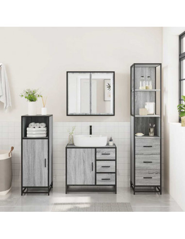 Set Mobili da Bagno 3 pz Grigio Sonoma in Legno Multistrato