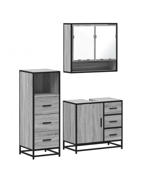 Set Mobili da Bagno 3 pz Grigio Sonoma in Legno Multistrato