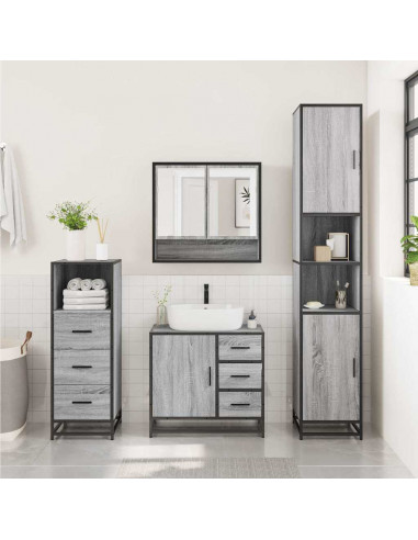 Set Mobili da Bagno 3 pz Grigio Sonoma in Legno Multistrato