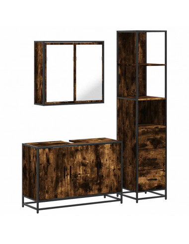 Set Mobili da Bagno 3 pz Rovere Fumo in Legno Multistrato