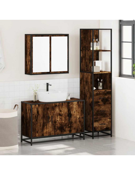 Set Mobili da Bagno 3 pz Rovere Fumo in Legno Multistrato
