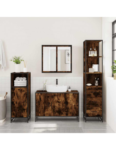 Set Mobili da Bagno 3 pz Rovere Fumo in Legno Multistrato