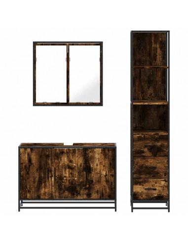 Set Mobili da Bagno 3 pz Rovere Fumo in Legno Multistrato