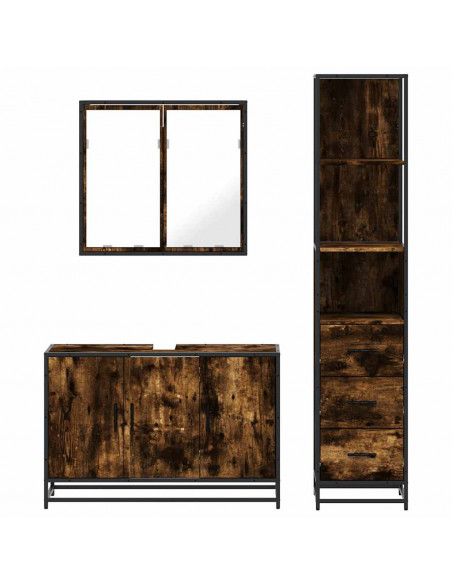 Set Mobili da Bagno 3 pz Rovere Fumo in Legno Multistrato