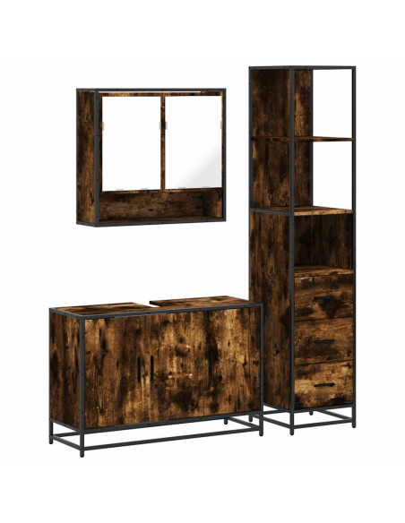 Set Mobili da Bagno 3 pz Rovere Fumo in Legno Multistrato