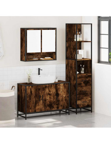 Set Mobili da Bagno 3 pz Rovere Fumo in Legno Multistrato