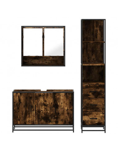 Set Mobili da Bagno 3 pz Rovere Fumo in Legno Multistrato