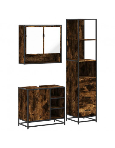 Set Mobili da Bagno 3 pz Rovere Fumo in Legno Multistrato