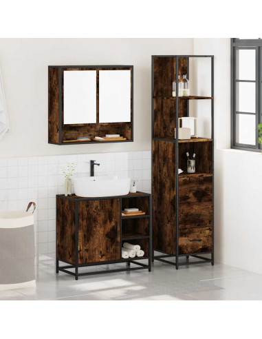 Set Mobili da Bagno 3 pz Rovere Fumo in Legno Multistrato
