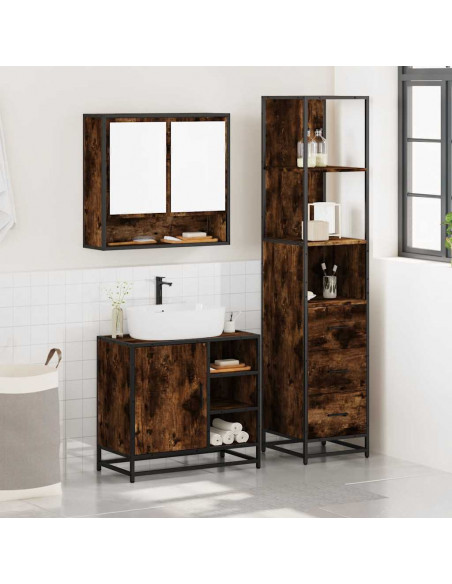 Set Mobili da Bagno 3 pz Rovere Fumo in Legno Multistrato