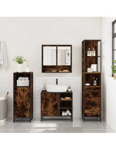 Set Mobili da Bagno 3 pz Rovere Fumo in Legno Multistrato