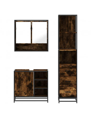 Set Mobili da Bagno 3 pz Rovere Fumo in Legno Multistrato