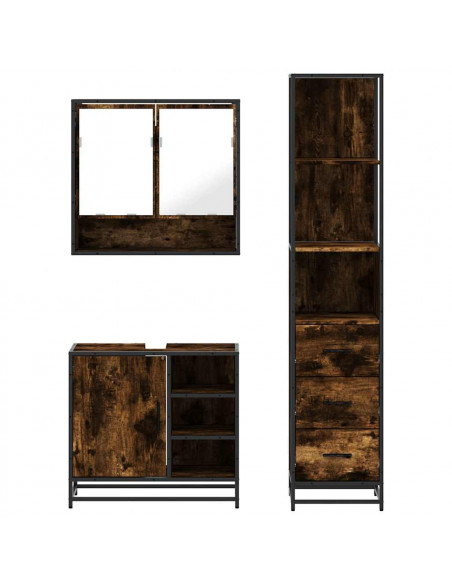Set Mobili da Bagno 3 pz Rovere Fumo in Legno Multistrato