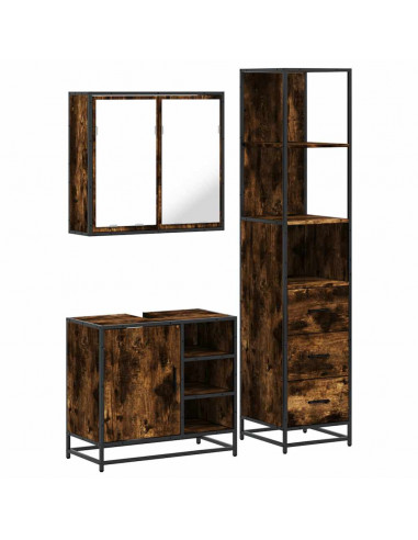 Set Mobili da Bagno 3 pz Rovere Fumo in Legno Multistrato