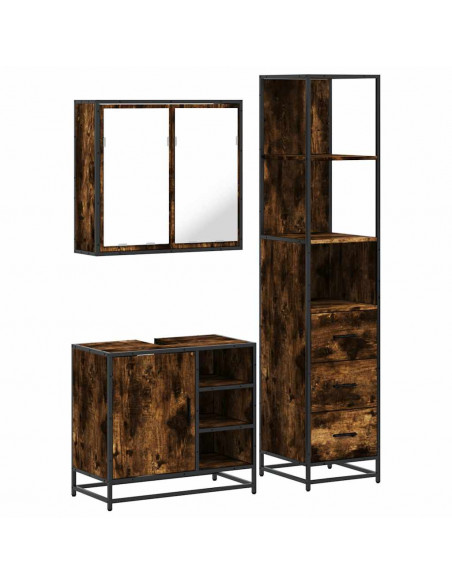 Set Mobili da Bagno 3 pz Rovere Fumo in Legno Multistrato