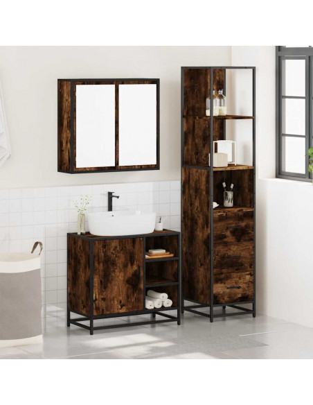 Set Mobili da Bagno 3 pz Rovere Fumo in Legno Multistrato