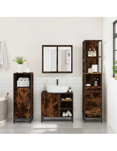 Set Mobili da Bagno 3 pz Rovere Fumo in Legno Multistrato