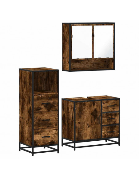Set Mobili da Bagno 3 pz Rovere Fumo in Legno Multistrato