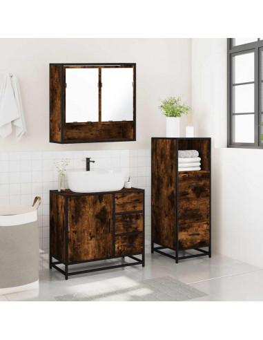 Set Mobili da Bagno 3 pz Rovere Fumo in Legno Multistrato