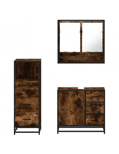 Set Mobili da Bagno 3 pz Rovere Fumo in Legno Multistrato